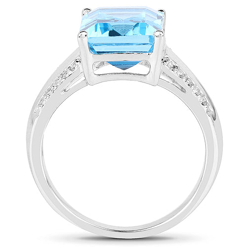 Anillo de Topacio Azul Suizo y Topacio Blanco de 5.78 Quilates en Plata de Ley