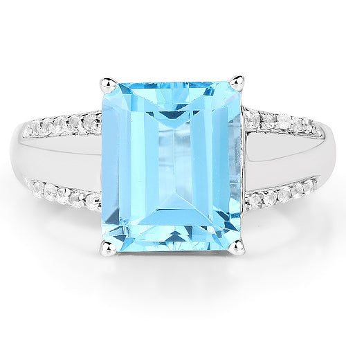 Anillo de Topacio Azul Suizo y Topacio Blanco de 5.78 Quilates en Plata de Ley