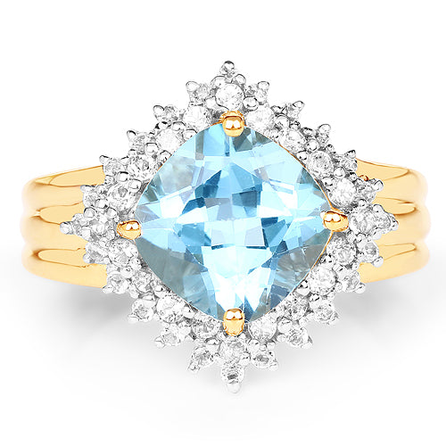 Anillo de Topacio Suizo Azul y Topacio Blanco Bañado en Oro Amarillo de 14K
