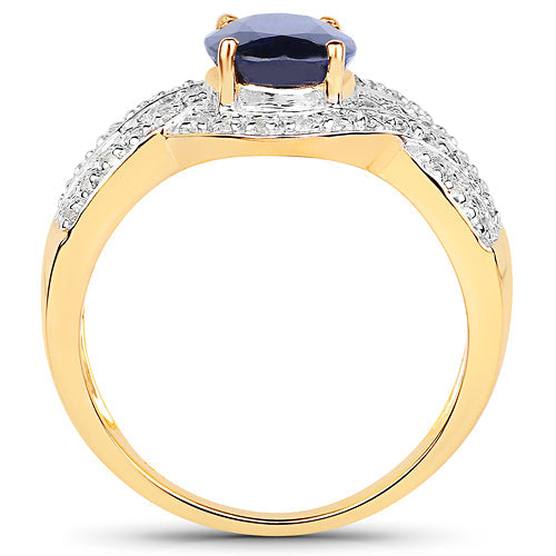 Anillo de Compromiso de Kyanita y Topacio Blanco Bañado en Oro Amarillo de 14K
