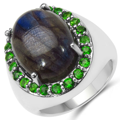 11.90 Carat Genuine Labradorite & Chrome Diopside Ring