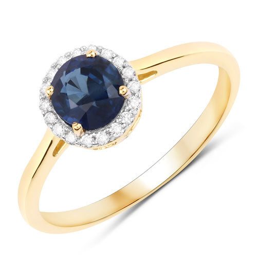 Anillo Halo de Zafiro Azul y Diamantes de 1.07 Quilates en Oro Amarillo de 14K