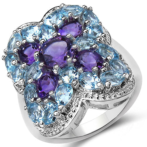 Bague en argent sterling de 5,53 carats avec améthyste et topaze bleue