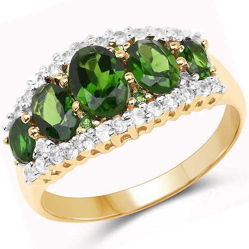 Bague en Chrome Diopside et Topaze Blanche Plaquée Or Jaune 18K de 2,70 Carats