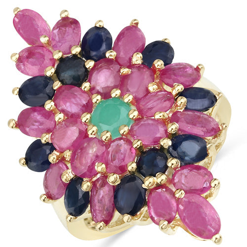 6.97 Carat Genuine Emerald, Blue Sapphire and Ruby Sterling Silver Ring