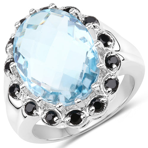 Bague en argent sterling avec topaze bleue et spinelle noir de 12,49 carats