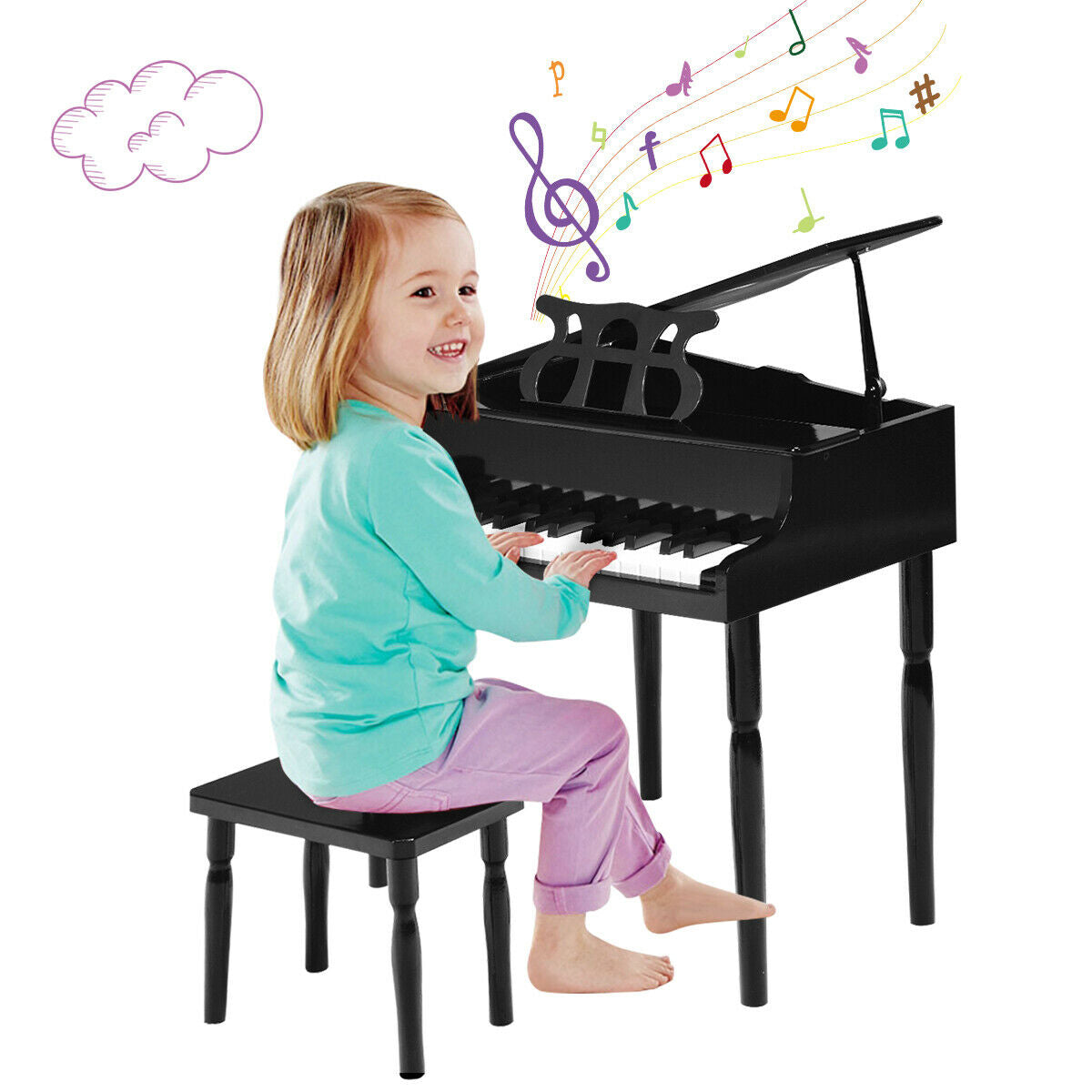 Piano à queue en bois pour enfants avec 30 touches et banc - Noir