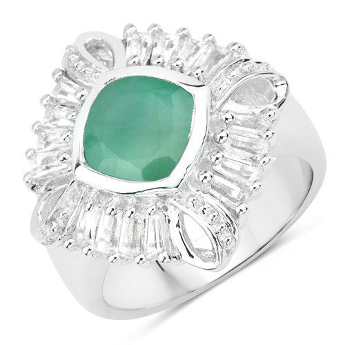 2.57 Carat Emerald and White Topaz Halo Ring in Sterling Silver