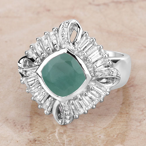 2.57 Carat Emerald and White Topaz Halo Ring in Sterling Silver