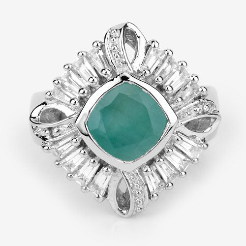 2.57 Carat Emerald and White Topaz Halo Ring in Sterling Silver