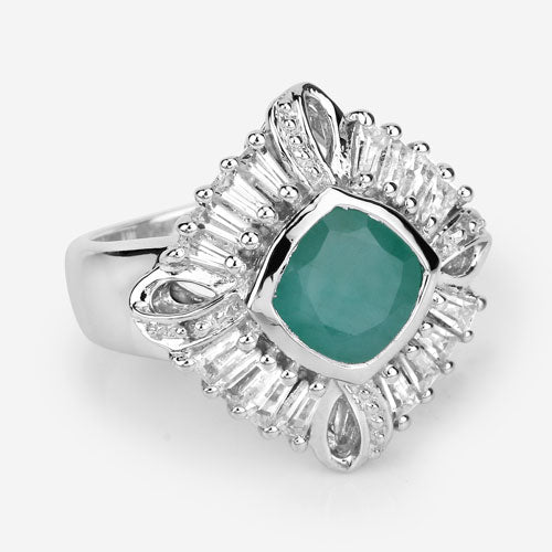 2.57 Carat Emerald and White Topaz Halo Ring in Sterling Silver