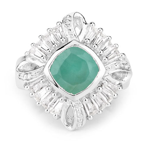 2.57 Carat Emerald and White Topaz Halo Ring in Sterling Silver