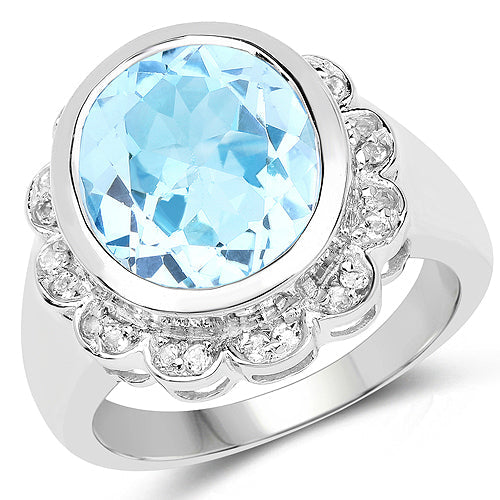 Bague en argent sterling avec topaze bleue et topaze blanche de 5,39 carats