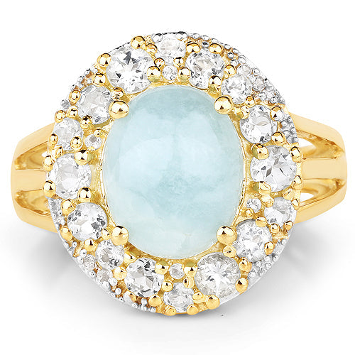 14K Yellow Gold Plated Aquamarine & White Topaz Ring