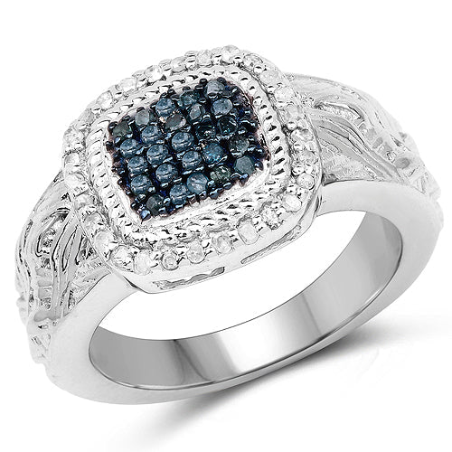 0.28 Carat Genuine Blue and White Diamond Sterling Silver Ring