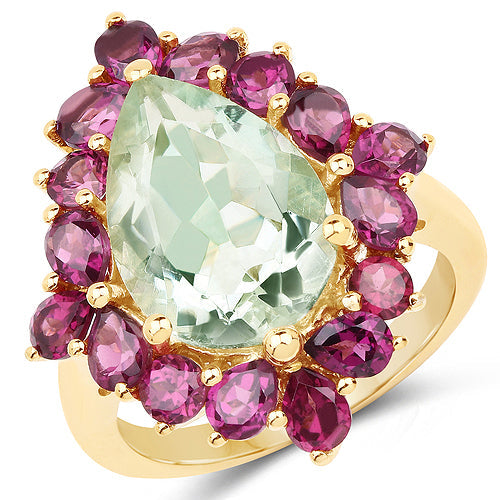 Anillo de Cóctel de Amatista Verde y Rodolita Bañado en Oro Amarillo de 14K