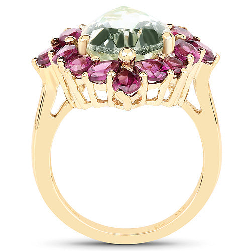 Anillo de Cóctel de Amatista Verde y Rodolita Bañado en Oro Amarillo de 14K