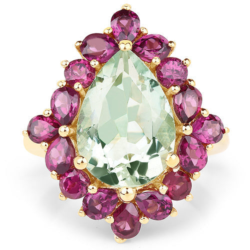Anillo de Cóctel de Amatista Verde y Rodolita Bañado en Oro Amarillo de 14K