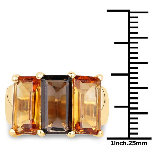 Anillo de Cuarzo Ahumado y Citrino de 8.14 Quilates Baño de Oro Amarillo de 14K