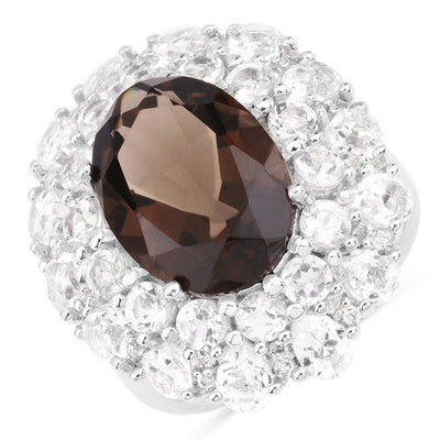9.29 Carat Smoky Quartz & White Topaz Sterling Silver Ring