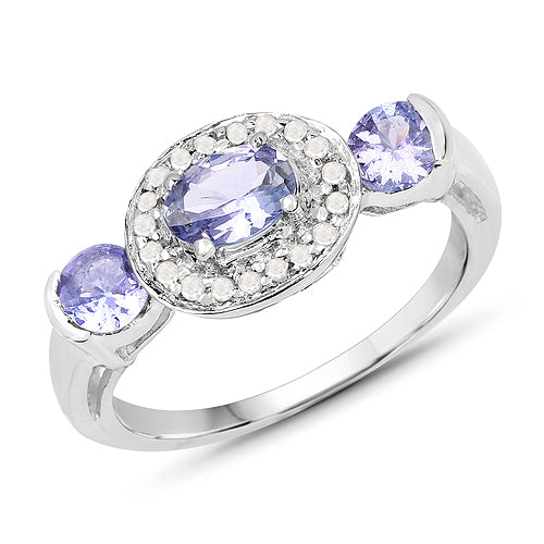 Anillo de Plata de Ley con Tanzanita y Topacio Blanco de 1.00 Quilate