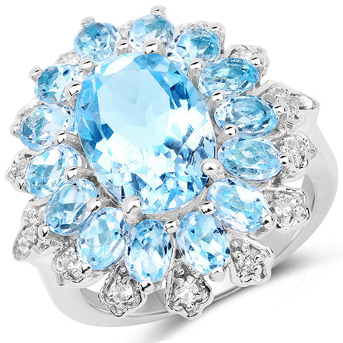 Bague en argent sterling avec topaze bleue et topaze blanche de 7,57 carats