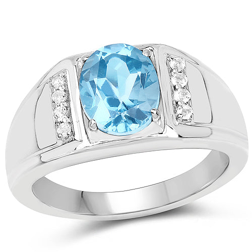 Bague en argent sterling avec topaze bleue de Londres et topaze blanche de 2,18 carats