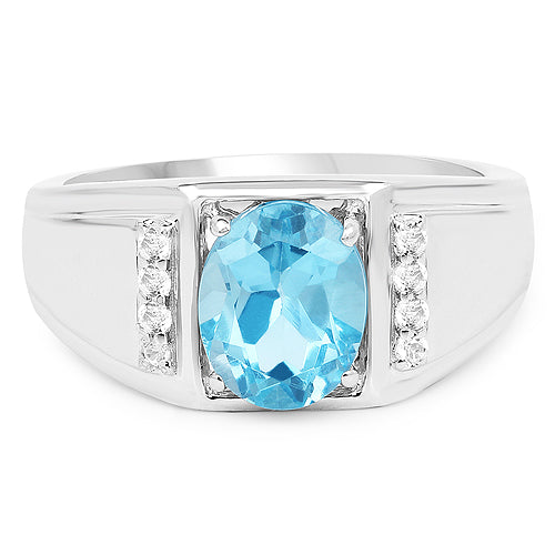 Bague en argent sterling avec topaze bleue de Londres et topaze blanche de 2,18 carats