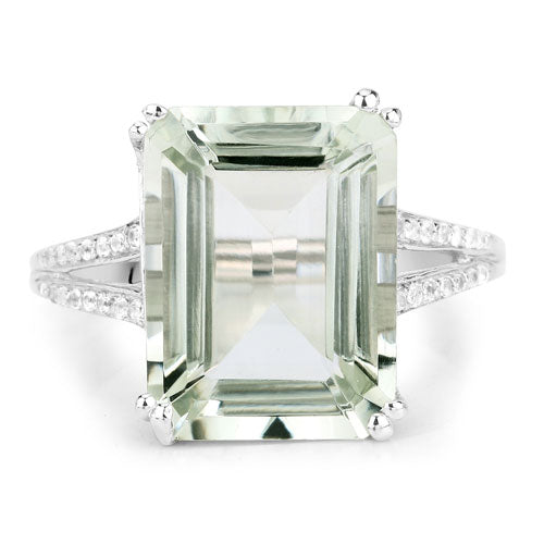 Anillo de Plata Esterlina con Amatista Verde de 10.64 Quilates y Topacio Blanco