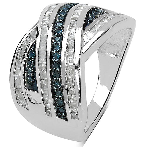 1.02 Carat Genuine Blue & White Diamond Sterling Silver Ring