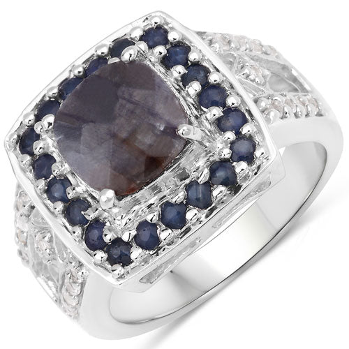 3.58 Carat Genuine Labradorite and Blue Sapphire Halo Ring