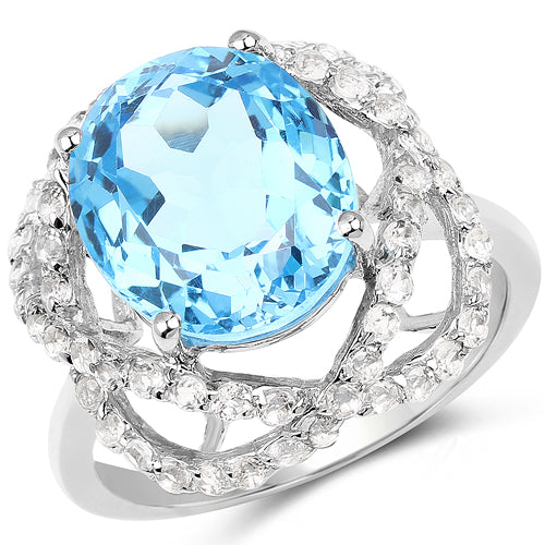 7.32 Carat Swiss Blue Topaz & White Topaz Sterling Silver Ring