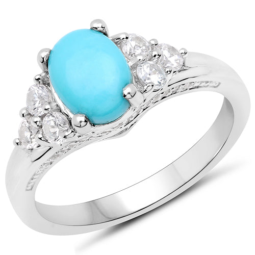 1.92 Carat Genuine Turquoise and White Zircon Sterling Silver Ring