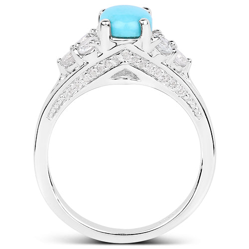 1.92 Carat Genuine Turquoise and White Zircon Sterling Silver Ring