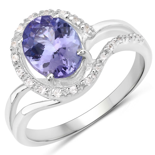 Bague en argent sterling avec tanzanite véritable de 1,82 carat et zircon blanc