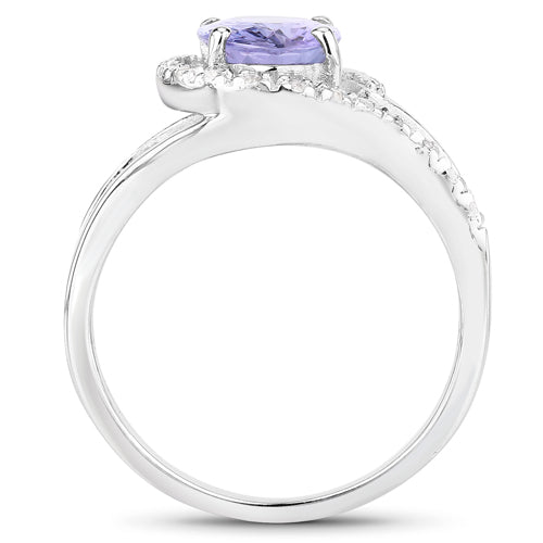 Bague en argent sterling avec tanzanite véritable de 1,82 carat et zircon blanc