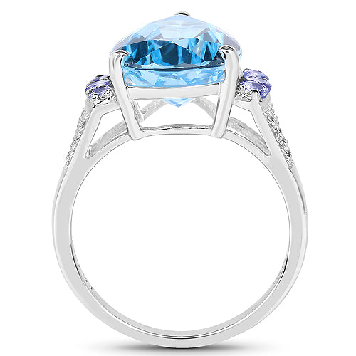 Anillo de plata esterlina con topacio azul suizo y tanzanita de 6.86 quilates