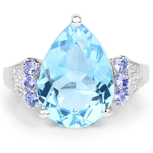 Anillo de plata esterlina con topacio azul suizo y tanzanita de 6.86 quilates