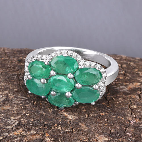 3.33 Carat Zambian Emerald & White Zircon Sterling Silver Ring