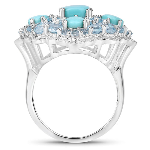 6.18 Carat Genuine Turquoise and Blue Topaz Sterling Silver Ring