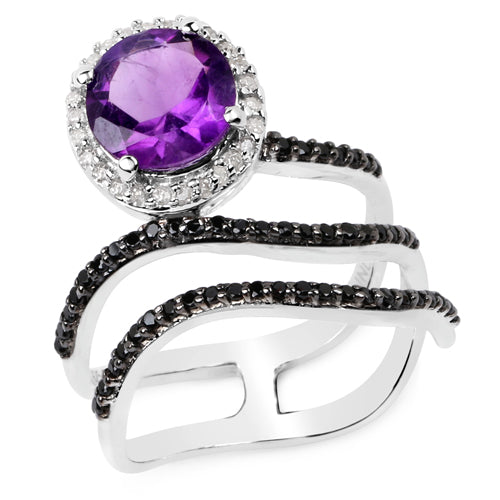 Bague en Argent Sterling avec Améthyste de 2,31 Carats, Spinelle Noir et Diamant