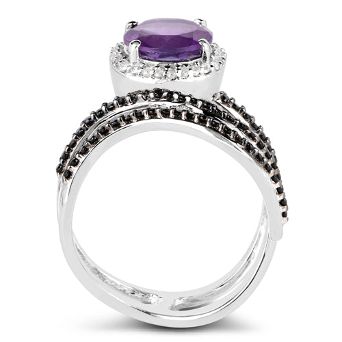 Bague en Argent Sterling avec Améthyste de 2,31 Carats, Spinelle Noir et Diamant