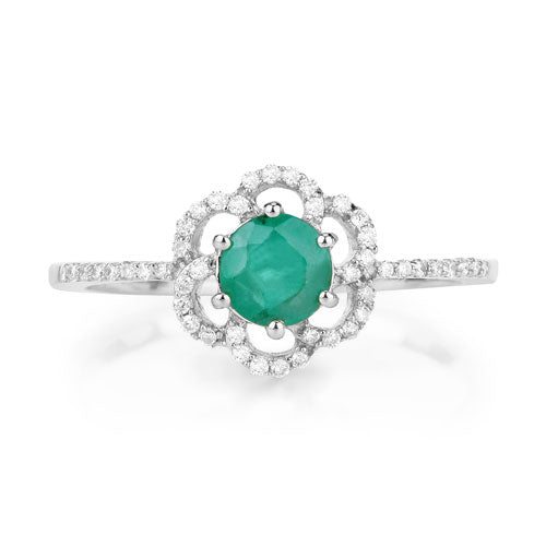 Anillo de Compromiso de Esmeralda Zambiana y Diamante de 0.55 Quilates en Oro Blanco de 14K