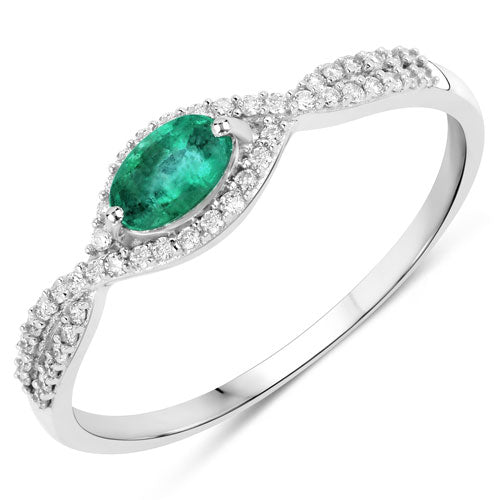Bague en or blanc 14K avec émeraude zambienne de 0,32 carat et diamants