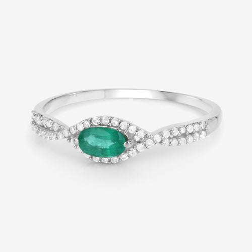 Bague en or blanc 14K avec émeraude zambienne de 0,32 carat et diamants