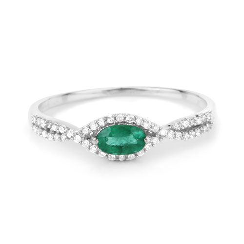 Bague en or blanc 14K avec émeraude zambienne de 0,32 carat et diamants