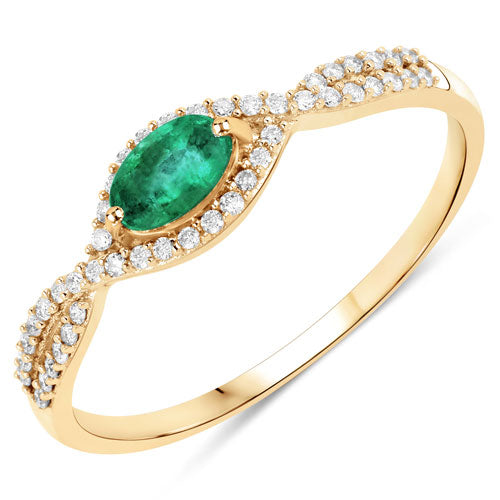 Bague de fiançailles en or jaune 14K avec émeraude zambienne de 0,32 carat et diamants