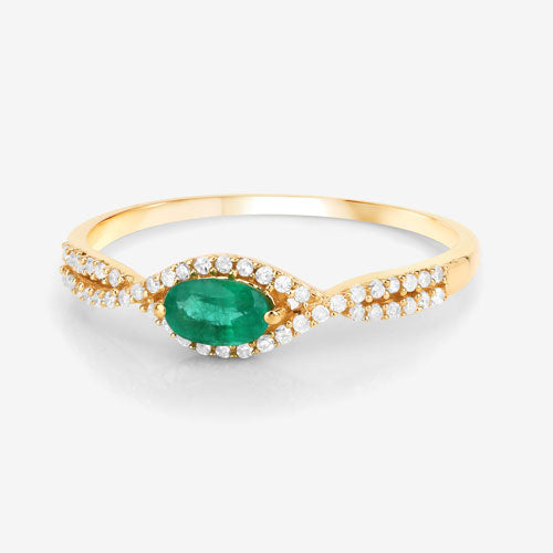 Bague de fiançailles en or jaune 14K avec émeraude zambienne de 0,32 carat et diamants
