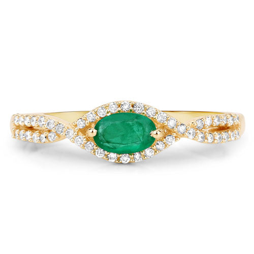 Bague de fiançailles en or jaune 14K avec émeraude zambienne de 0,32 carat et diamants