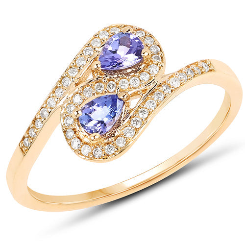 Anillo de 0.42 quilates de tanzanita genuina y diamantes blancos en oro amarillo de 14 quilates